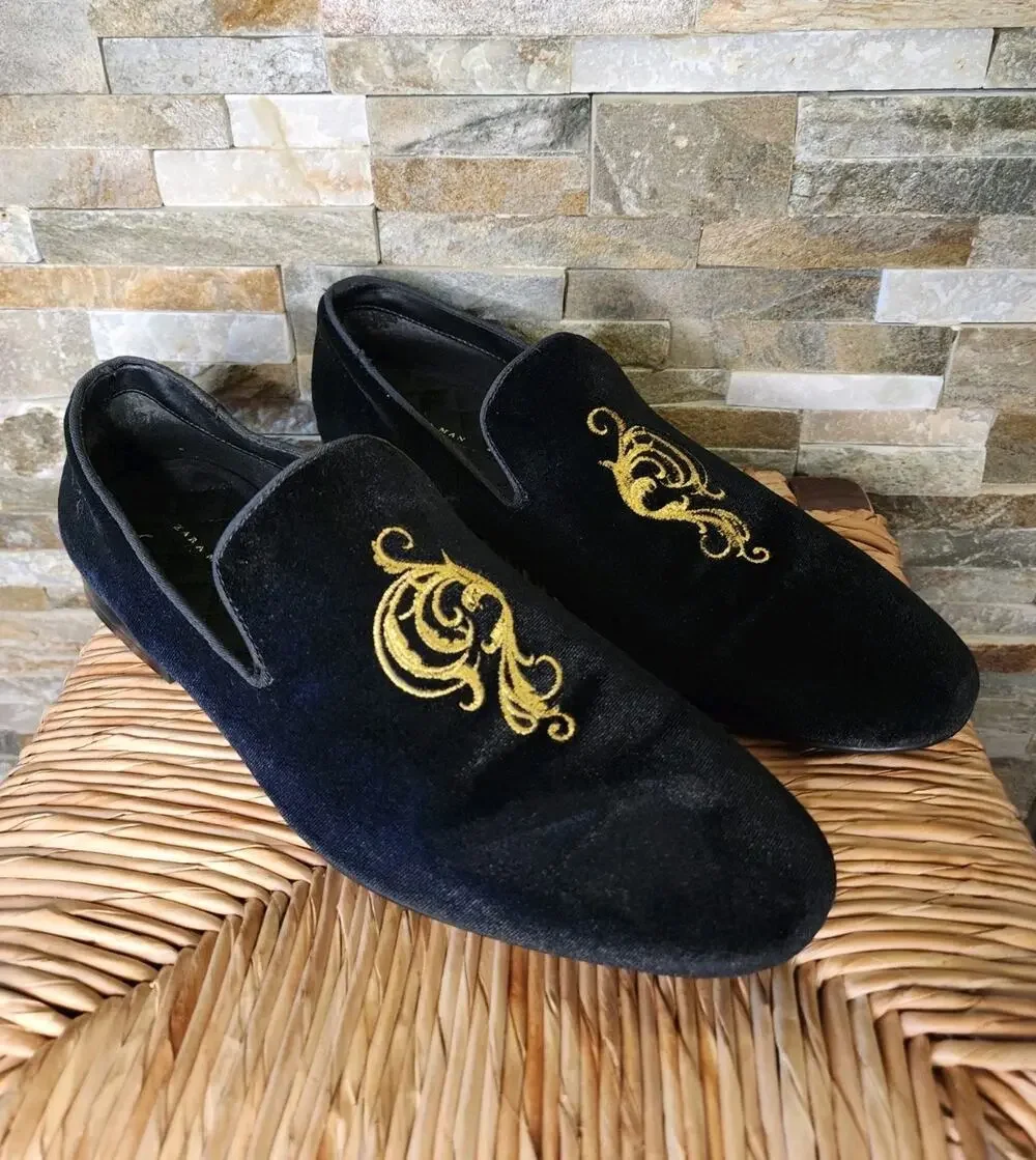 Zara Black Velvet Gold Emperor Embroidered Loafers Slip On Shoe Mens US 12 EU 45